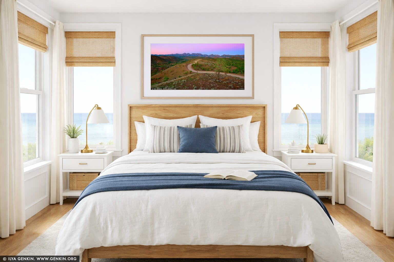Bunyeroo Valley from Razorback Lookout at Dawn wall art in a bedroom interior