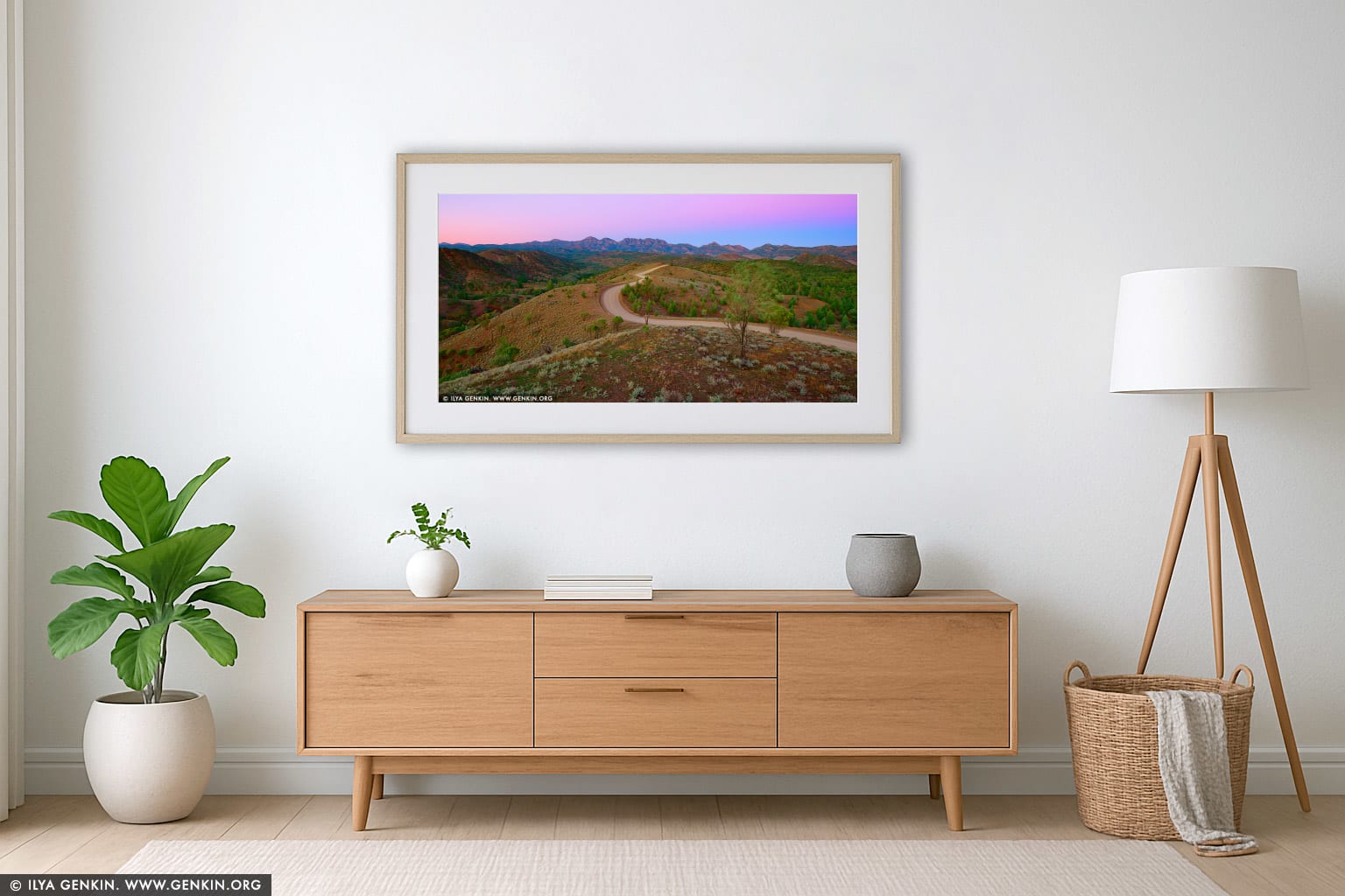 Bunyeroo Valley from Razorback Lookout at Dawn wall art in a contemporary living room interior