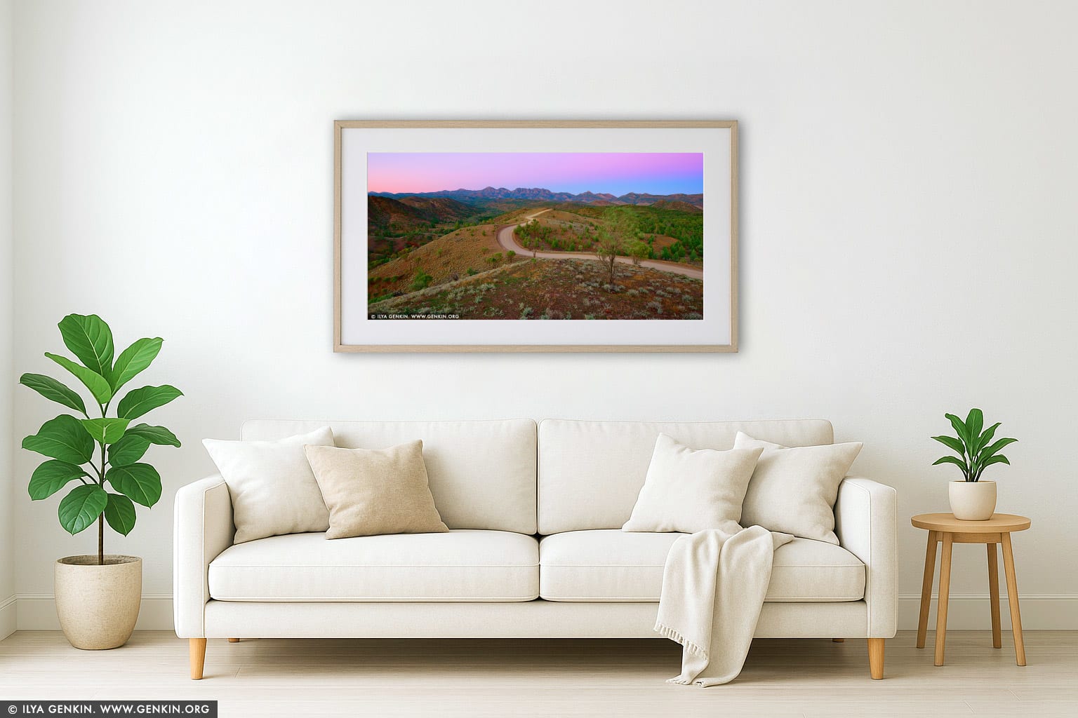 Bunyeroo Valley from Razorback Lookout at Dawn wall art in a luxury living room interior