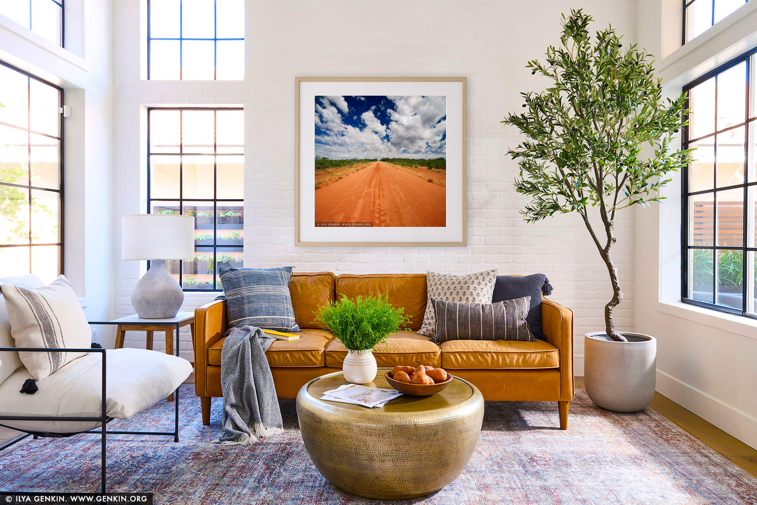 Red Australian Rural Road With Clouds in Blue Sky wall art in a contemporary living room interior