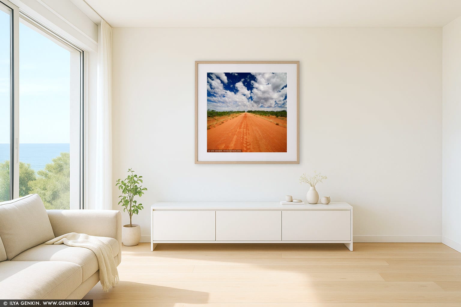 Red Australian Rural Road With Clouds in Blue Sky wall art in a contemporary living room interior