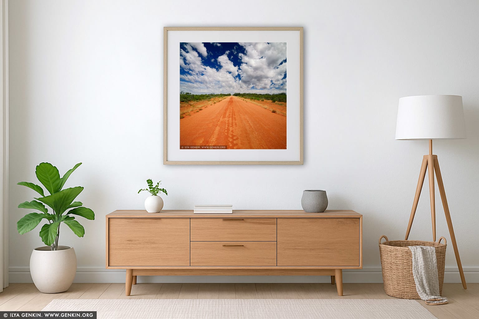 Red Australian Rural Road With Clouds in Blue Sky wall art in a minimalist living room interior