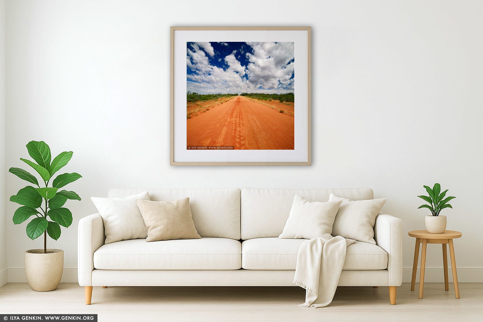 Red Australian Rural Road With Clouds in Blue Sky wall art in a modern living room interior