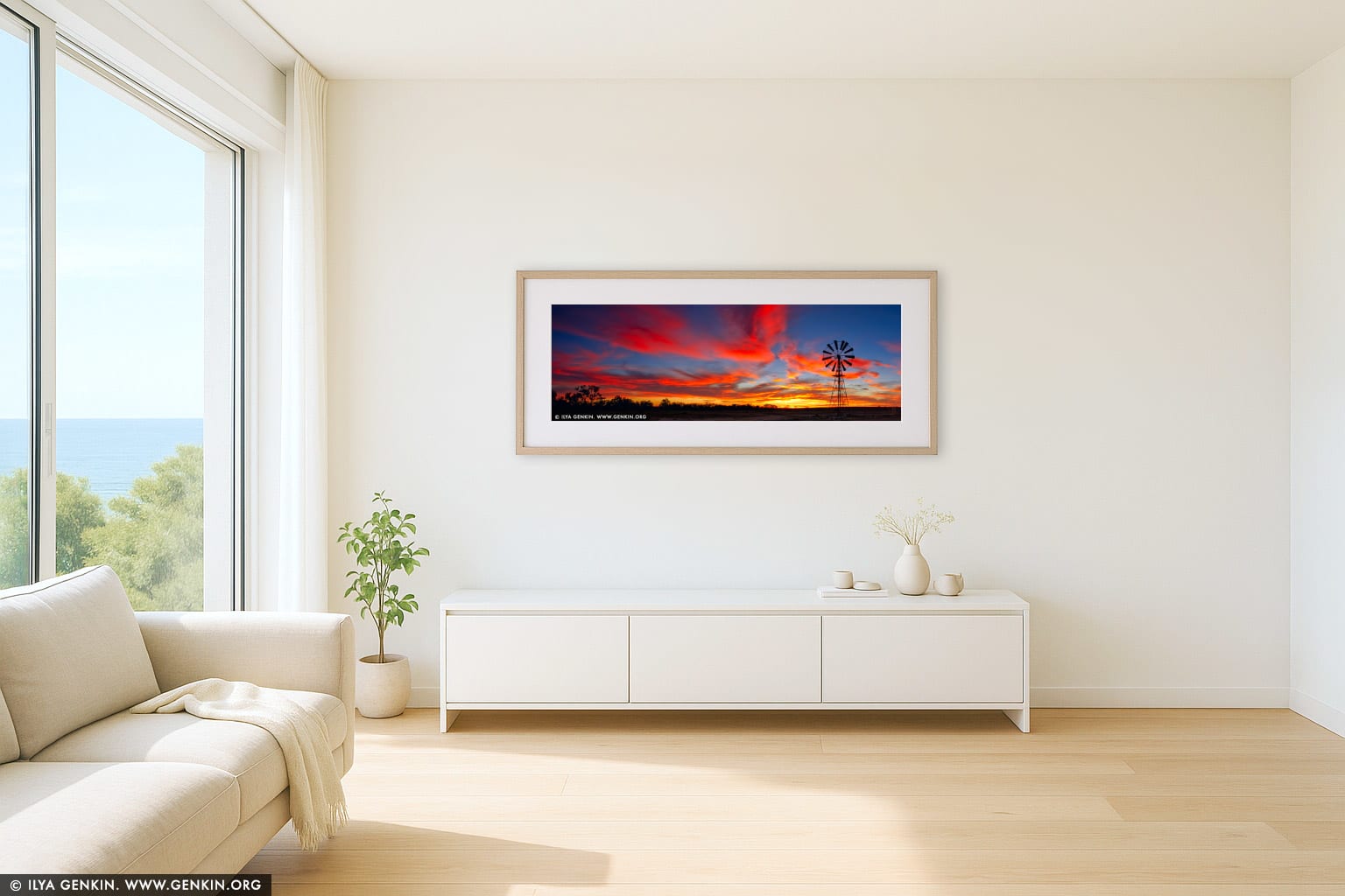 Windmill at Sunset in Australian Outback wall art in a minimalist living room interior