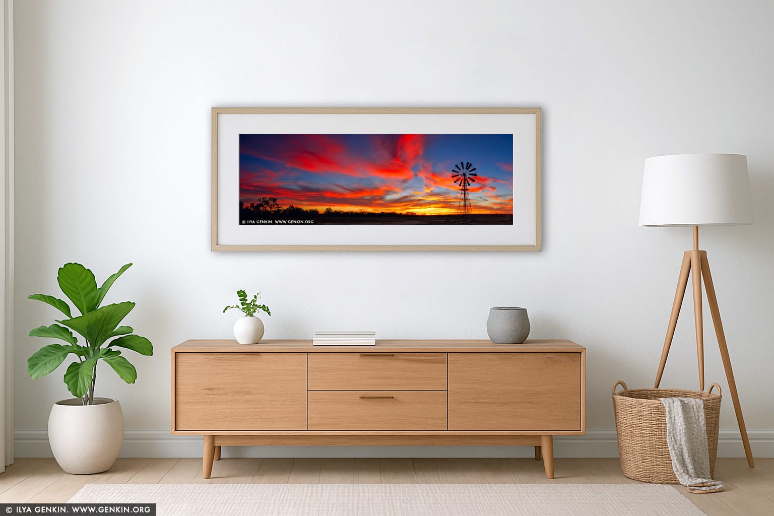 Windmill at Sunset in Australian Outback wall art in a luxury living room interior