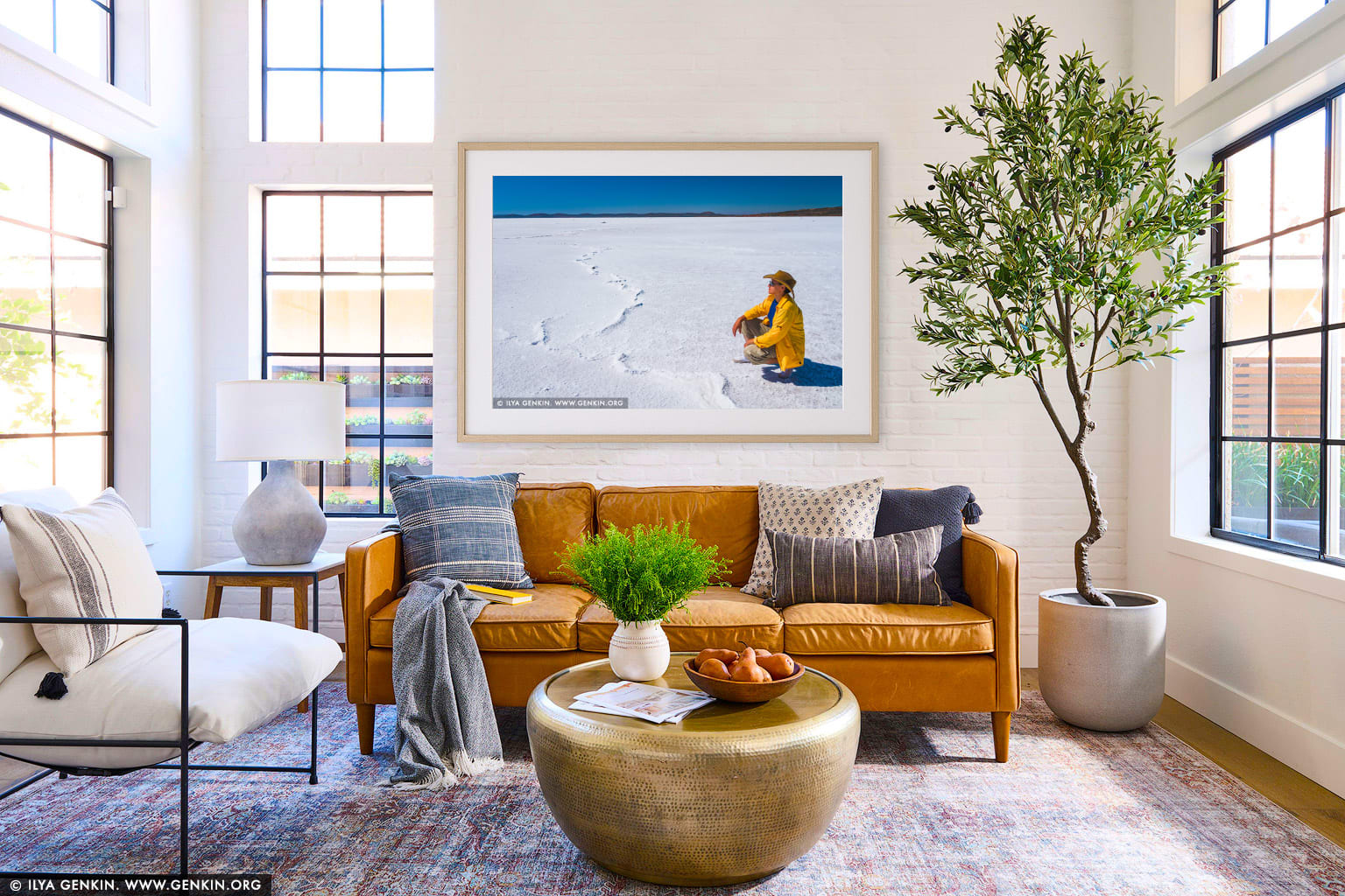 Woman is Observing the Lake Gairdner wall art in a luxury living room interior