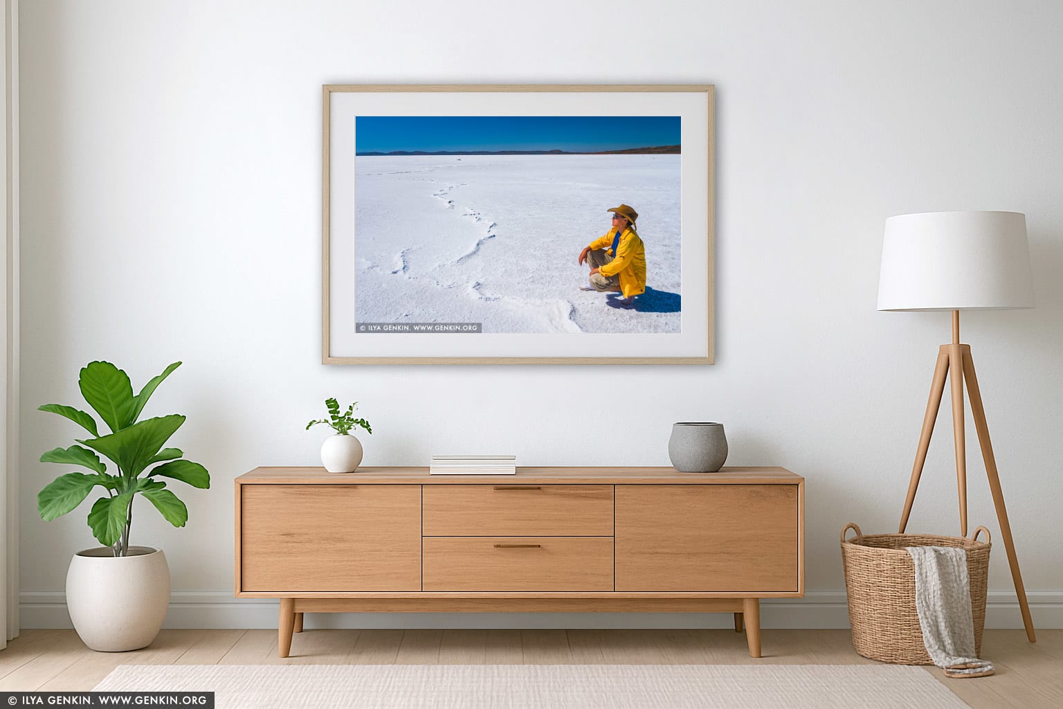Woman is Observing the Lake Gairdner wall art in a modern living room interior