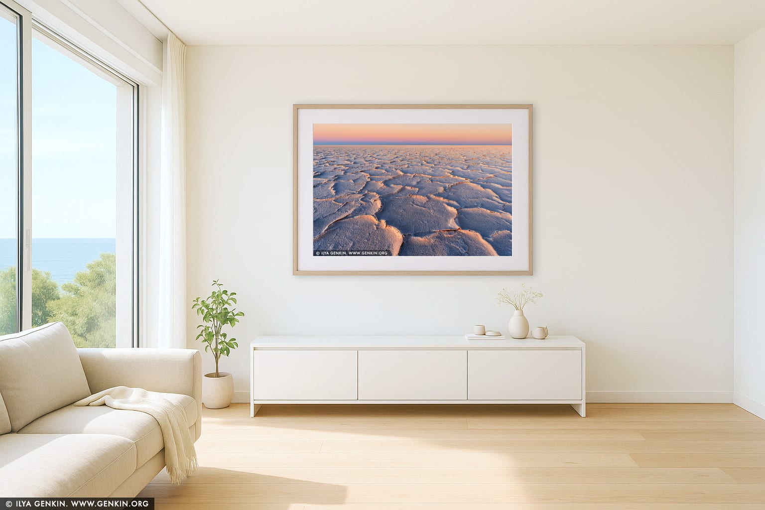 Sunset at Lake Eyre wall art in a contemporary living room interior