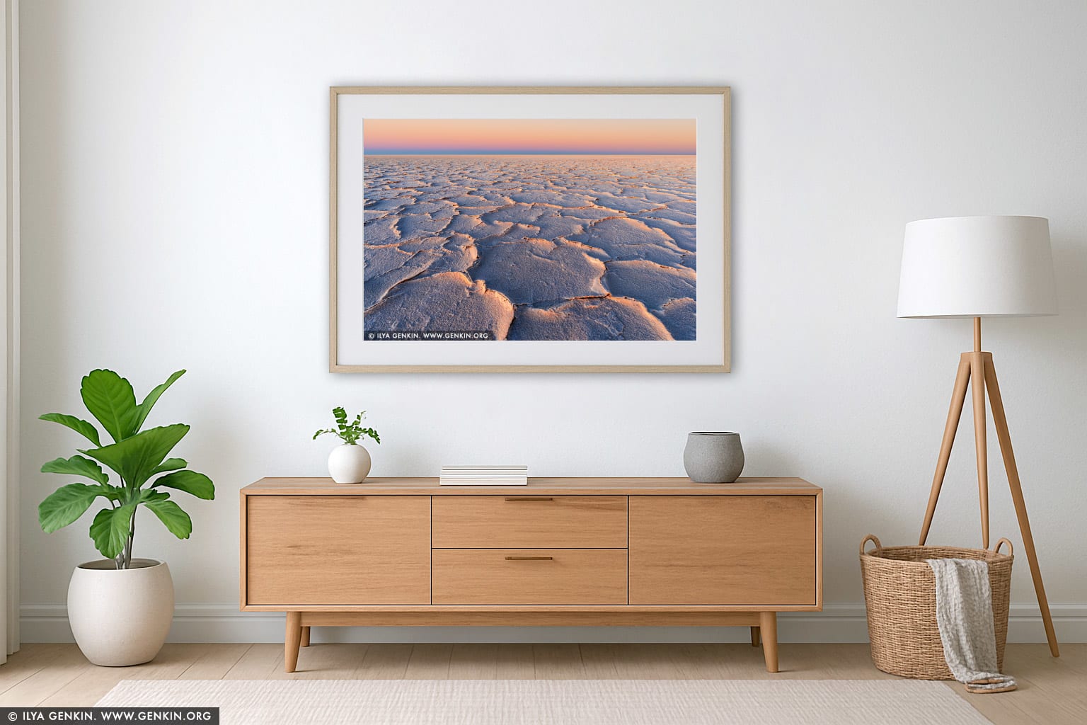 Sunset at Lake Eyre wall art in a minimalist living room interior