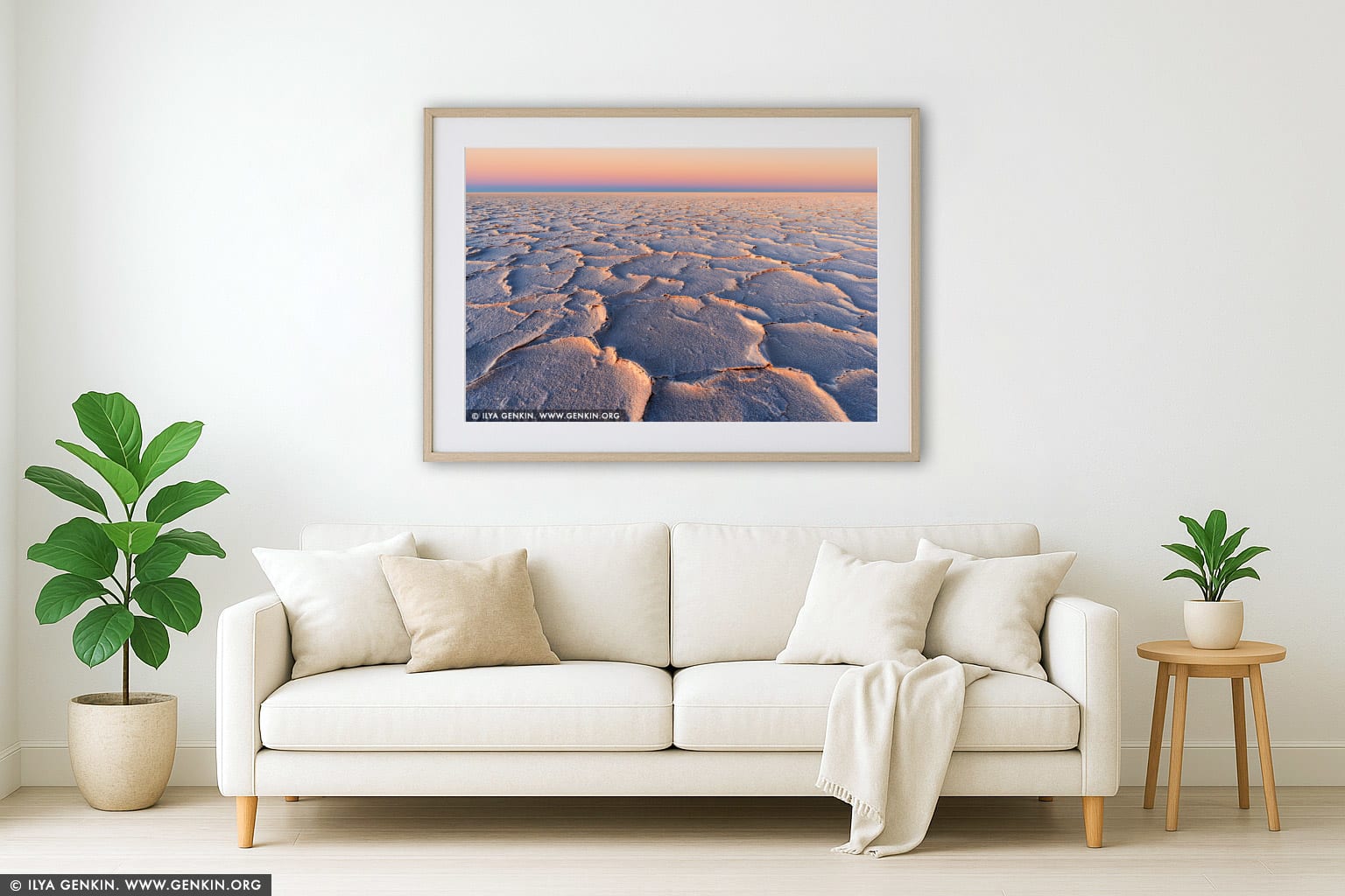 Sunset at Lake Eyre wall art in a modern living room interior