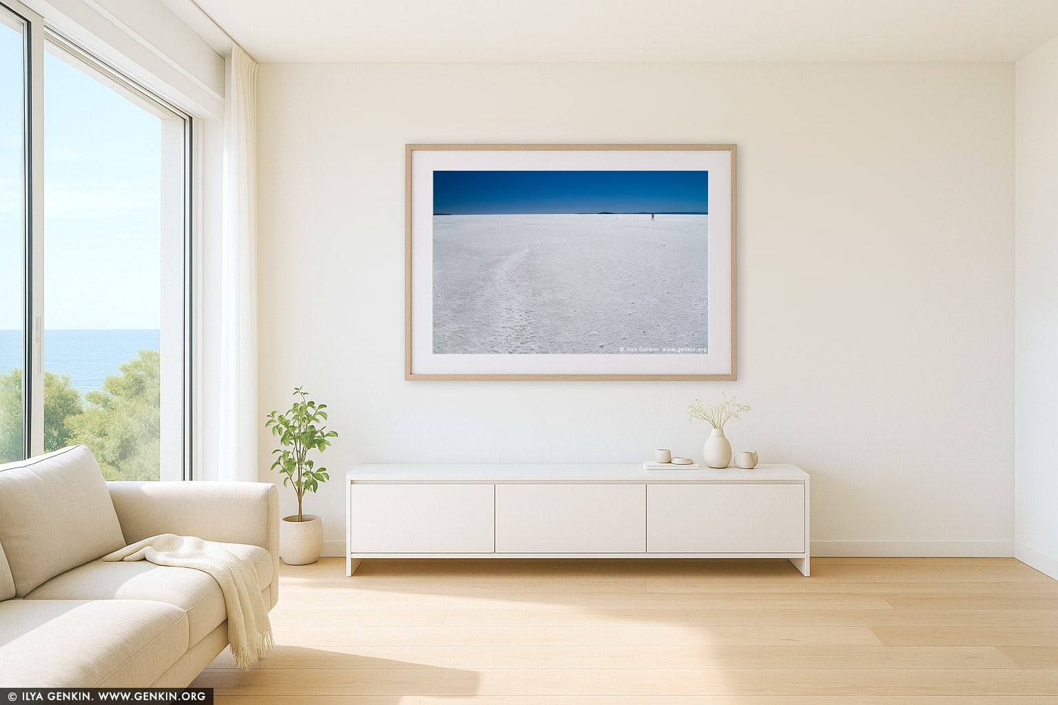 Lake Gairdner wall art in a minimalist living room interior