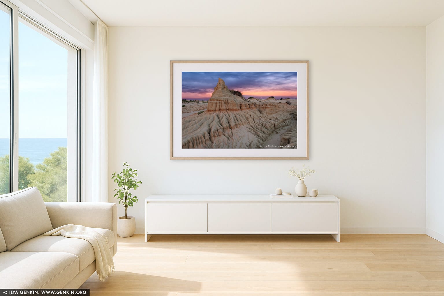 Sunset at The Walls of China wall art in a minimalist living room interior