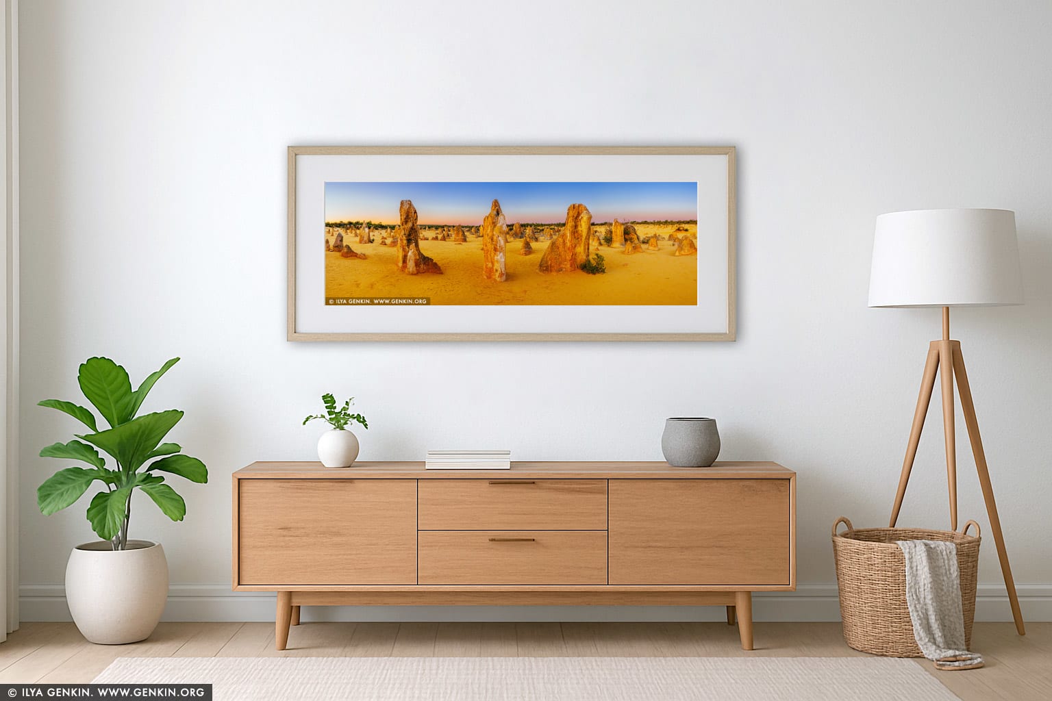 The Pinnacles Desert at Sunrise wall art in a contemporary living room interior