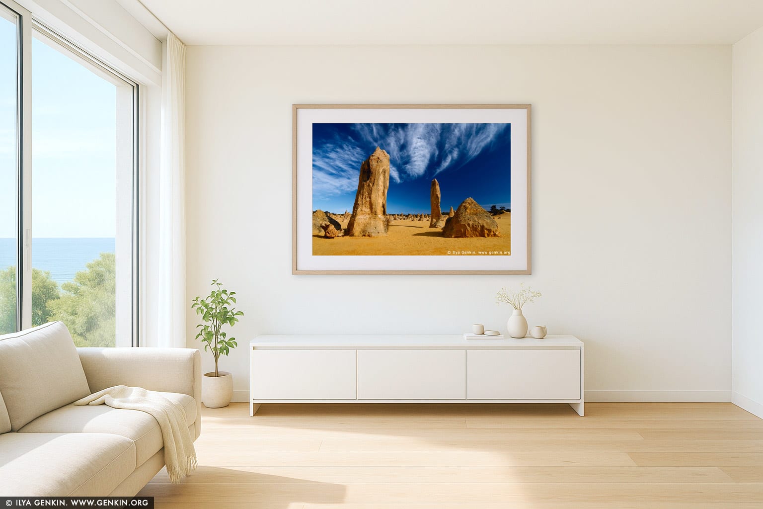 The Pinnacles wall art in a minimalist living room interior