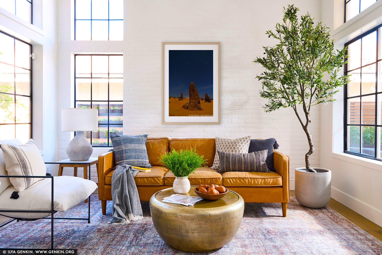 The Pinnacles and Star Trails wall art in a minimalist living room interior