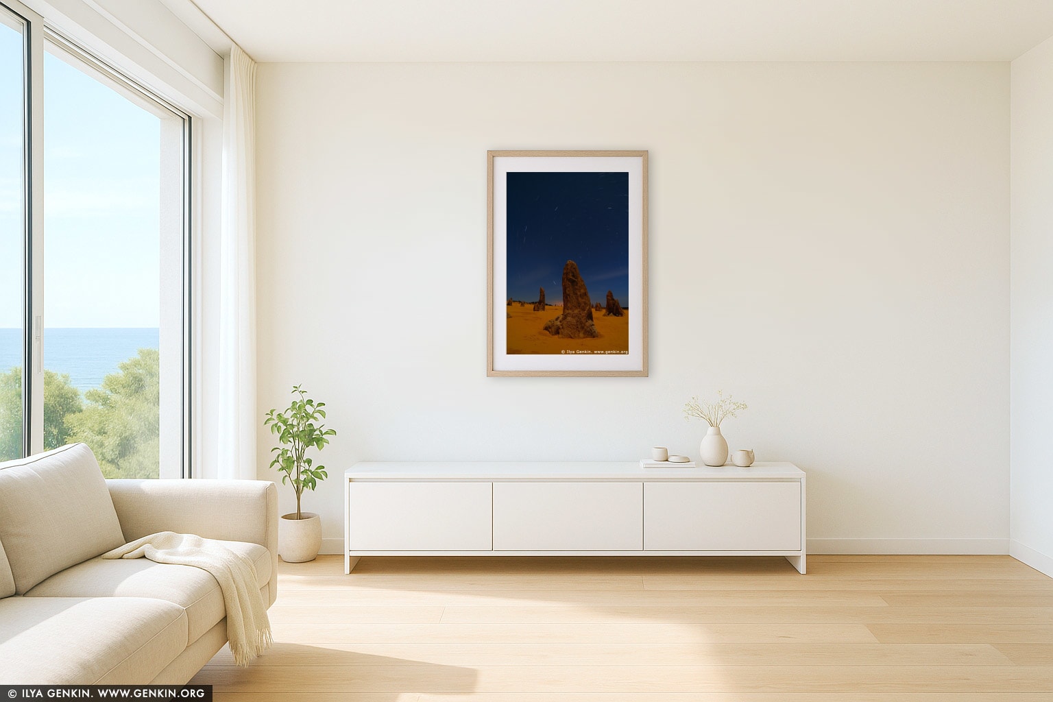 The Pinnacles and Star Trails wall art in a minimalist living room interior