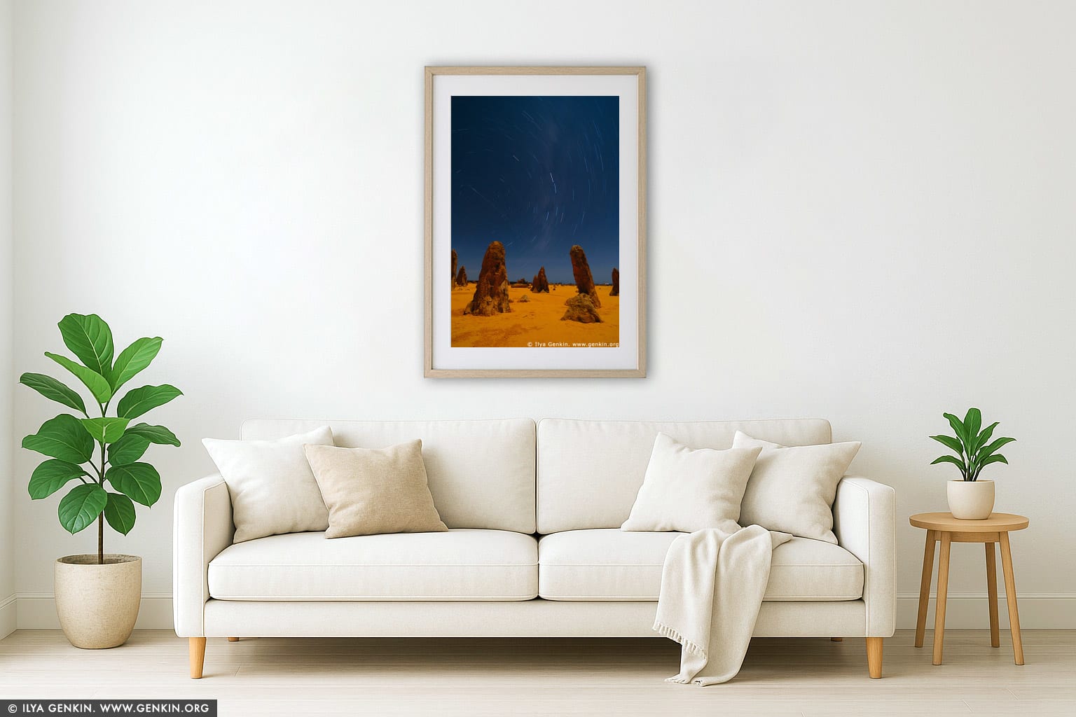 The Pinnacles and Star Trails wall art in a minimalist living room interior