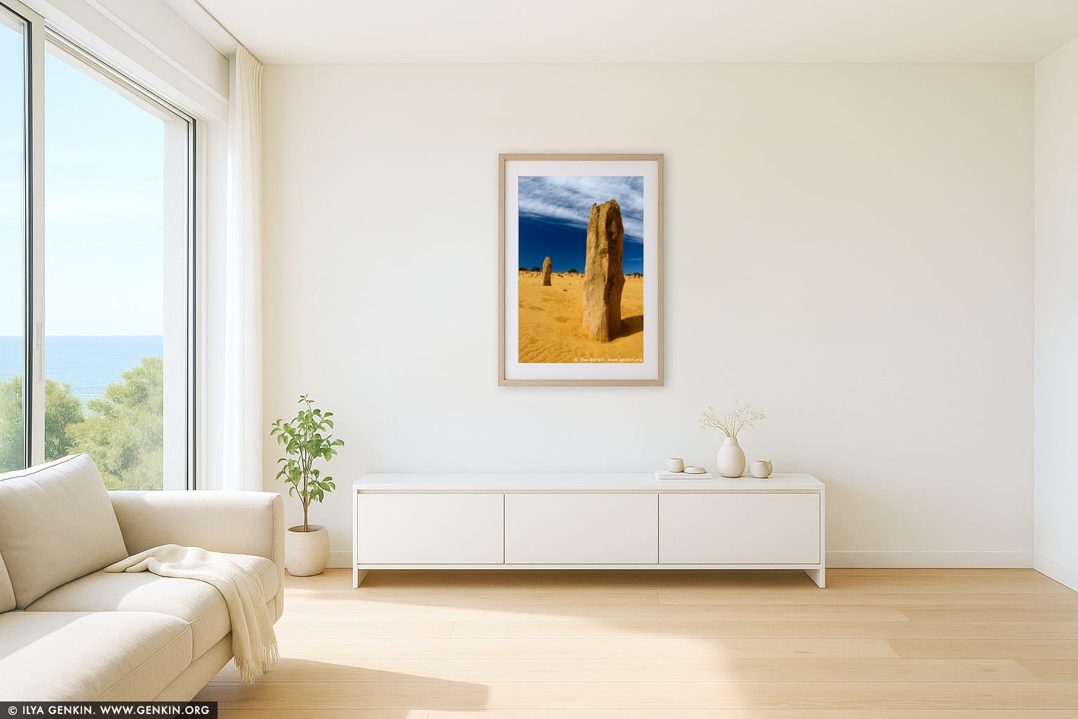 The Pinnacles at Nambung National Park wall art in a minimalist living room interior