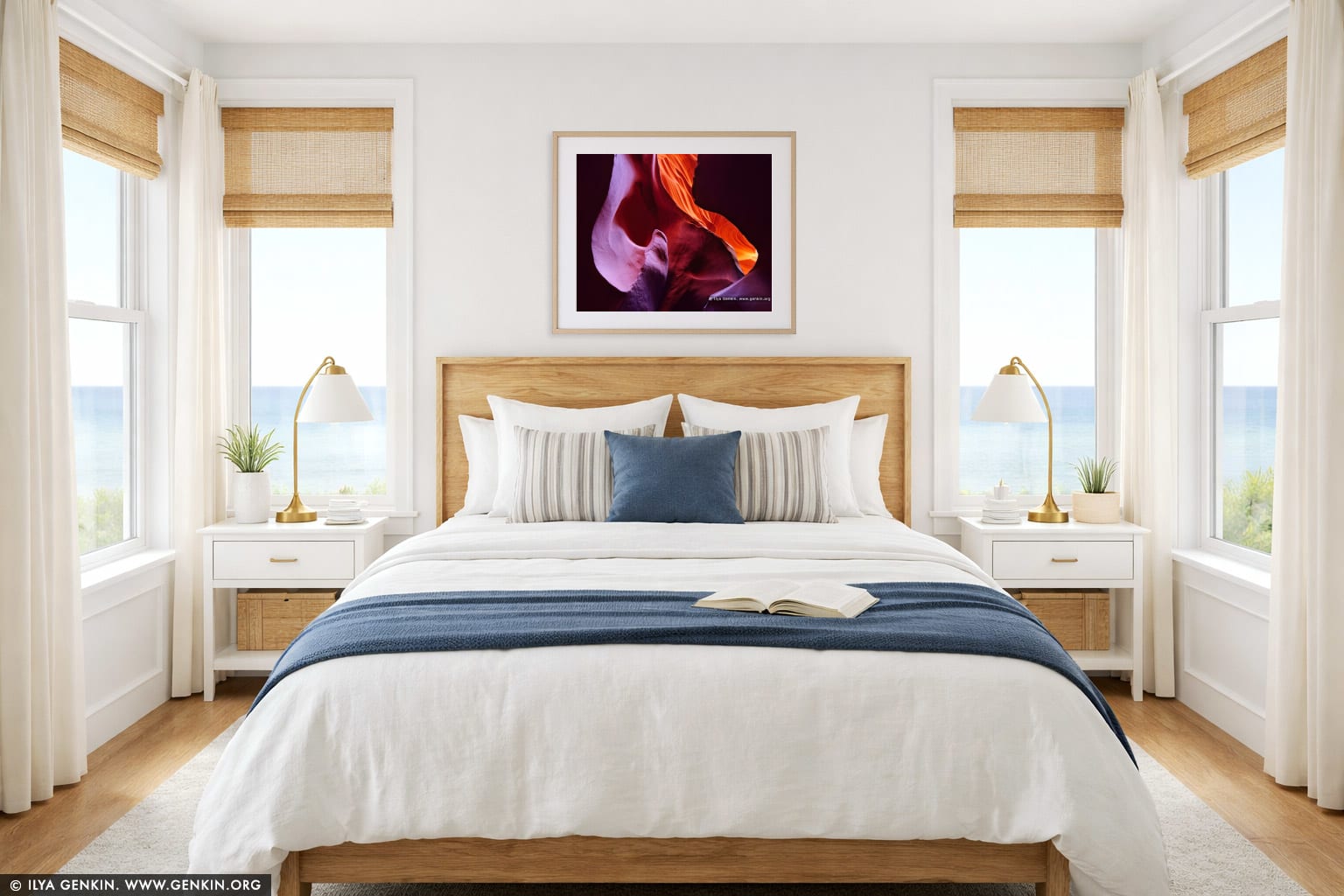 Colorful Lower Antelope Canyon wall art in a bedroom interior