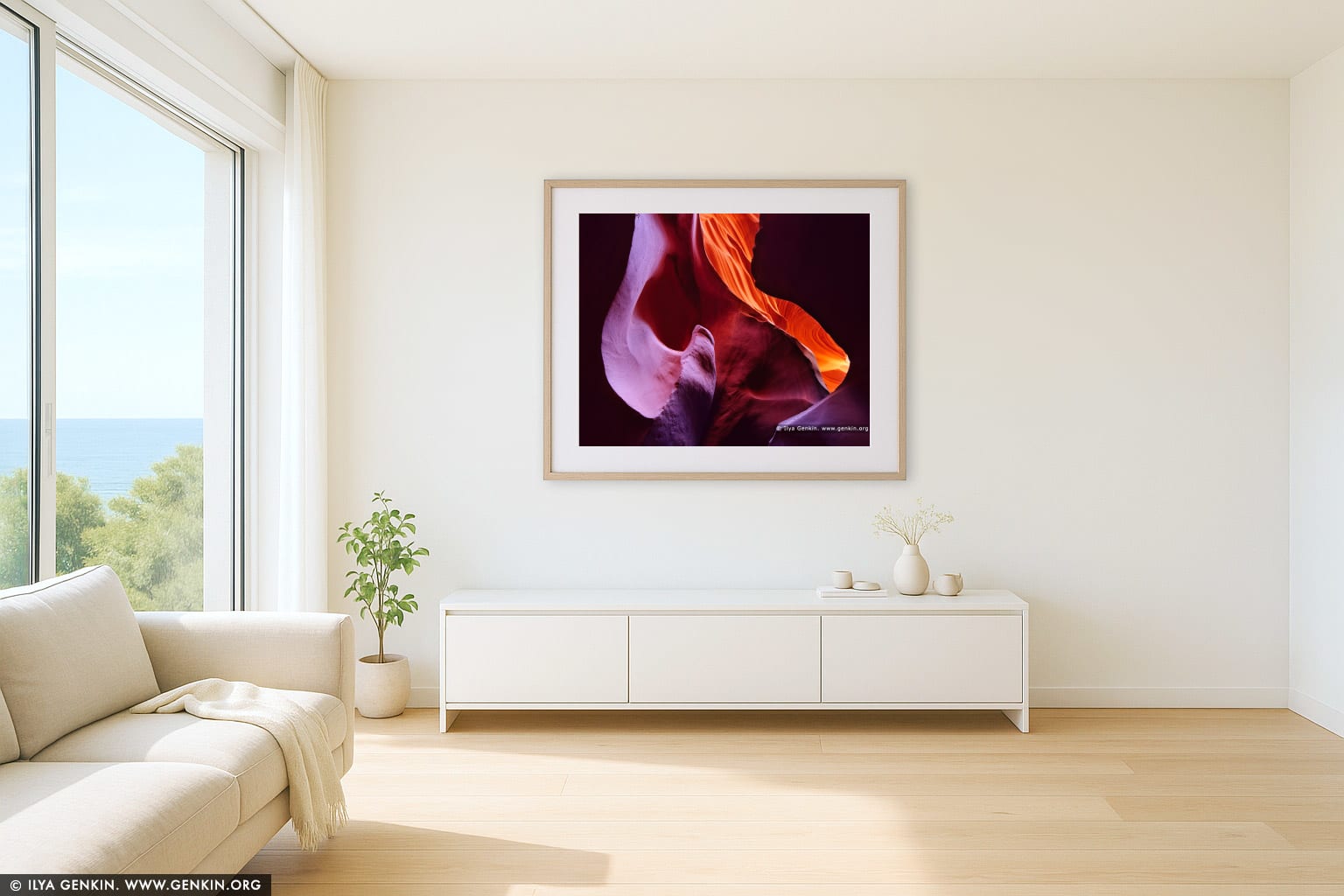 Colorful Lower Antelope Canyon wall art in a modern living room interior