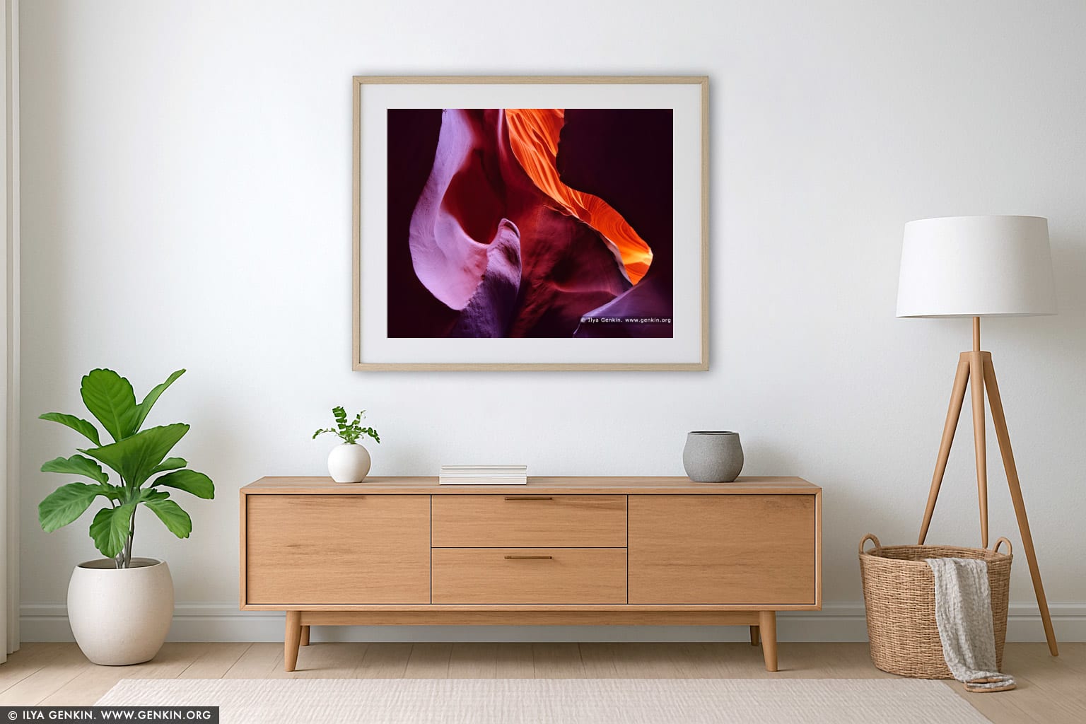 Colorful Lower Antelope Canyon wall art in a contemporary living room interior