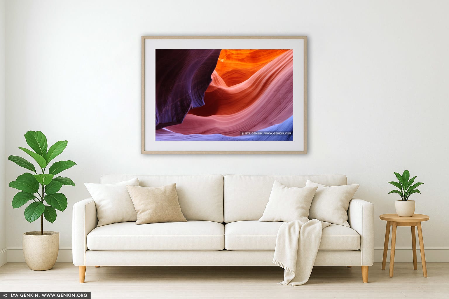 Vivid Colors of the Lower Antelope Canyon wall art in a minimalist living room interior