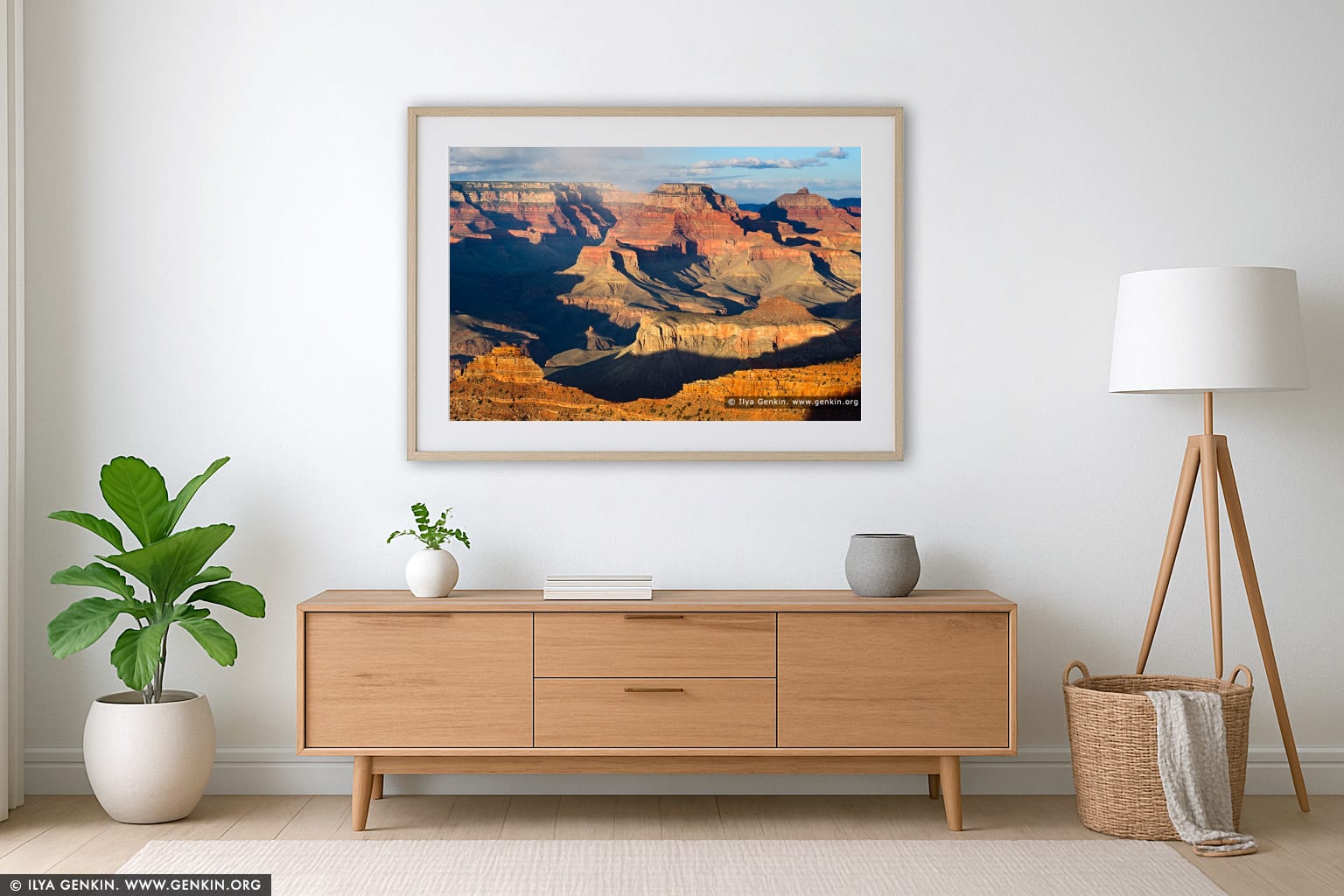 Wotan's Throne and Vishnu Temple from Mather Point at Sunset wall art in a minimalist living room interior