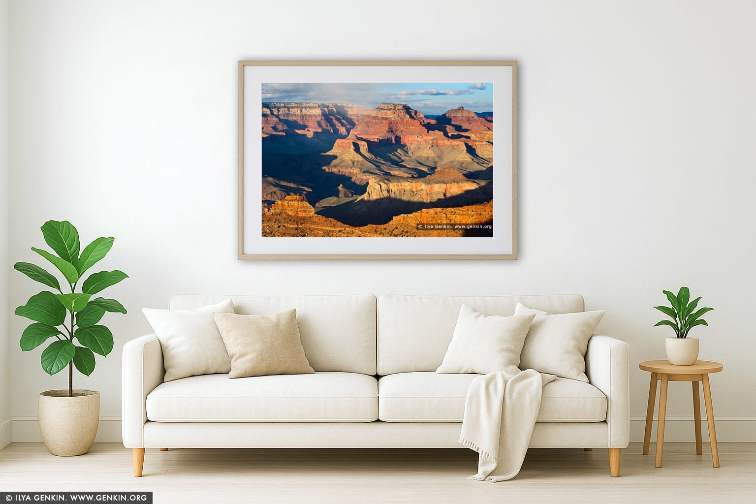 Wotan's Throne and Vishnu Temple from Mather Point at Sunset wall art in a modern living room interior