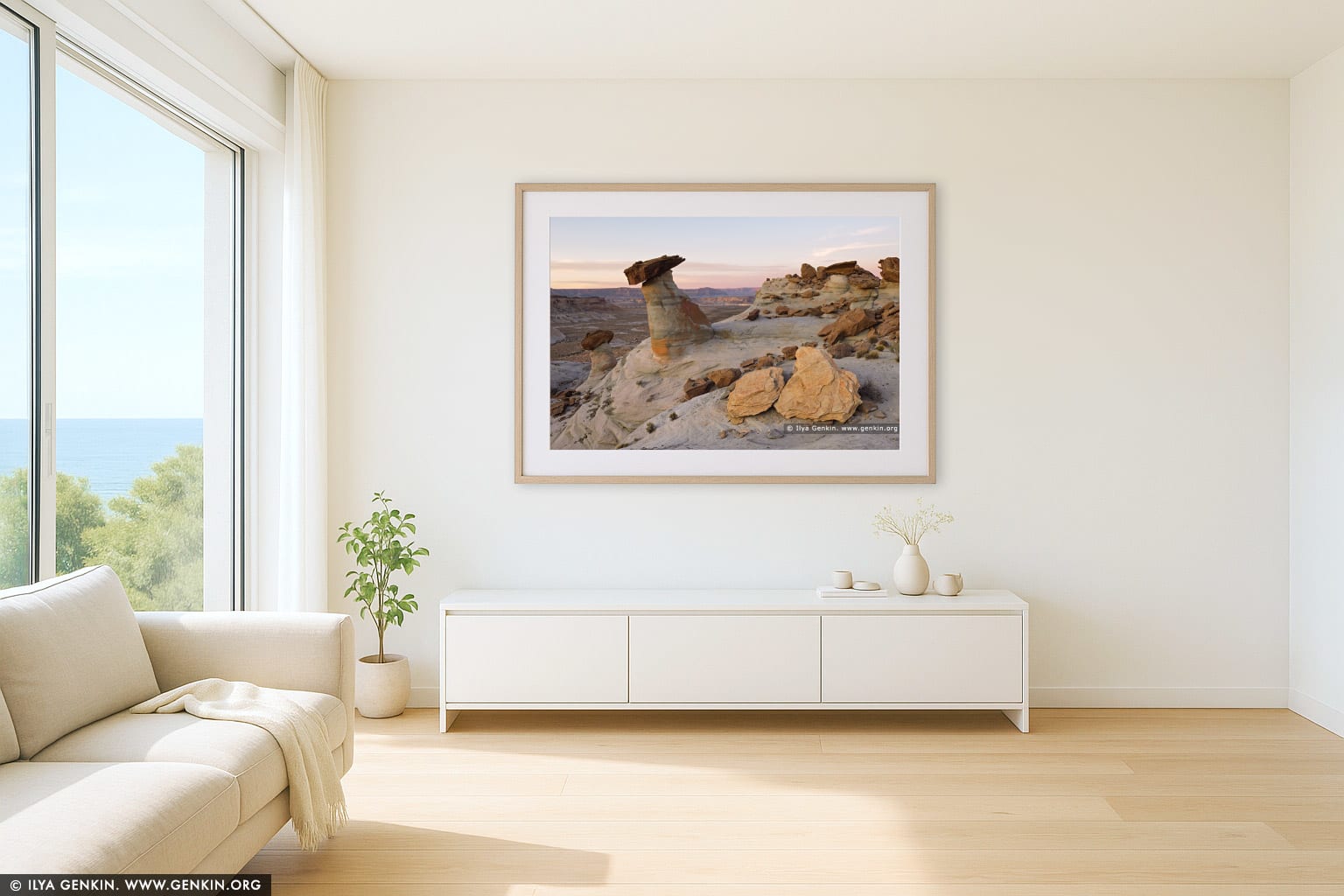 Stud Horse Point Hoodoos at Twilight wall art in a contemporary living room interior