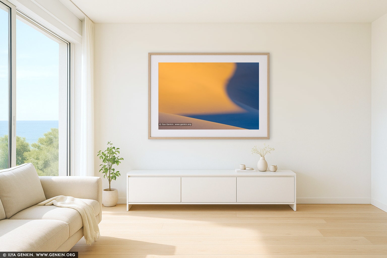 Mesquite Flat Sand Dunes at Sunrise wall art in a luxury living room interior