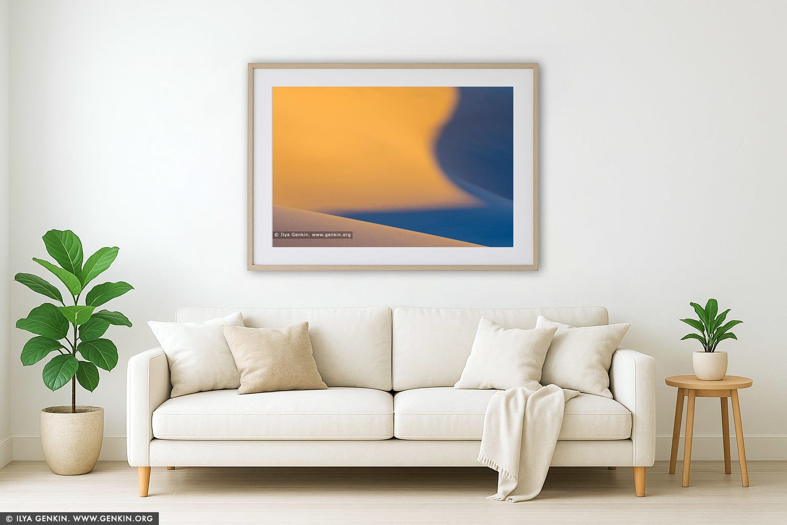 Mesquite Flat Sand Dunes at Sunrise wall art in a minimalist living room interior