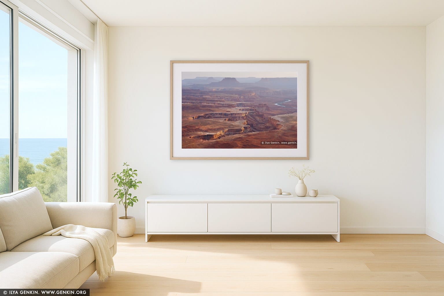 The White Rim and Green River at Sunset wall art in a minimalist living room interior