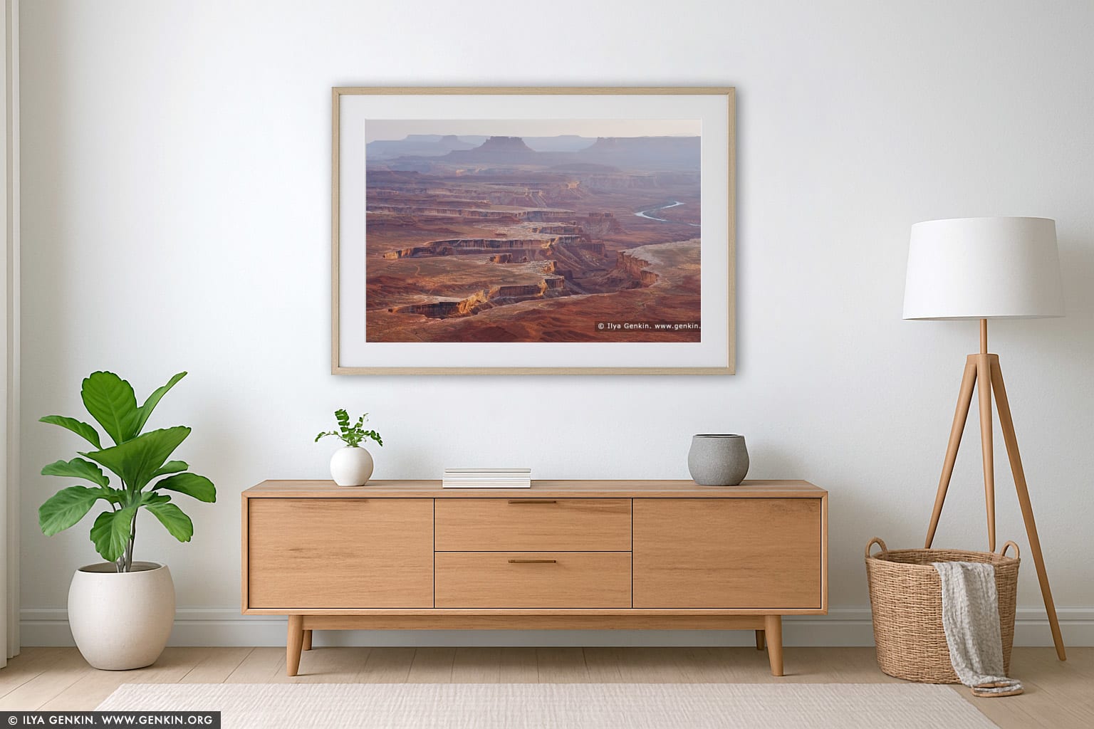 The White Rim and Green River at Sunset wall art in a luxury living room interior