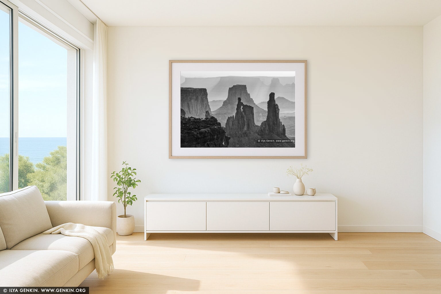 Washer Woman Arch, Monster Tower and Airport Tower wall art in a minimalist living room interior