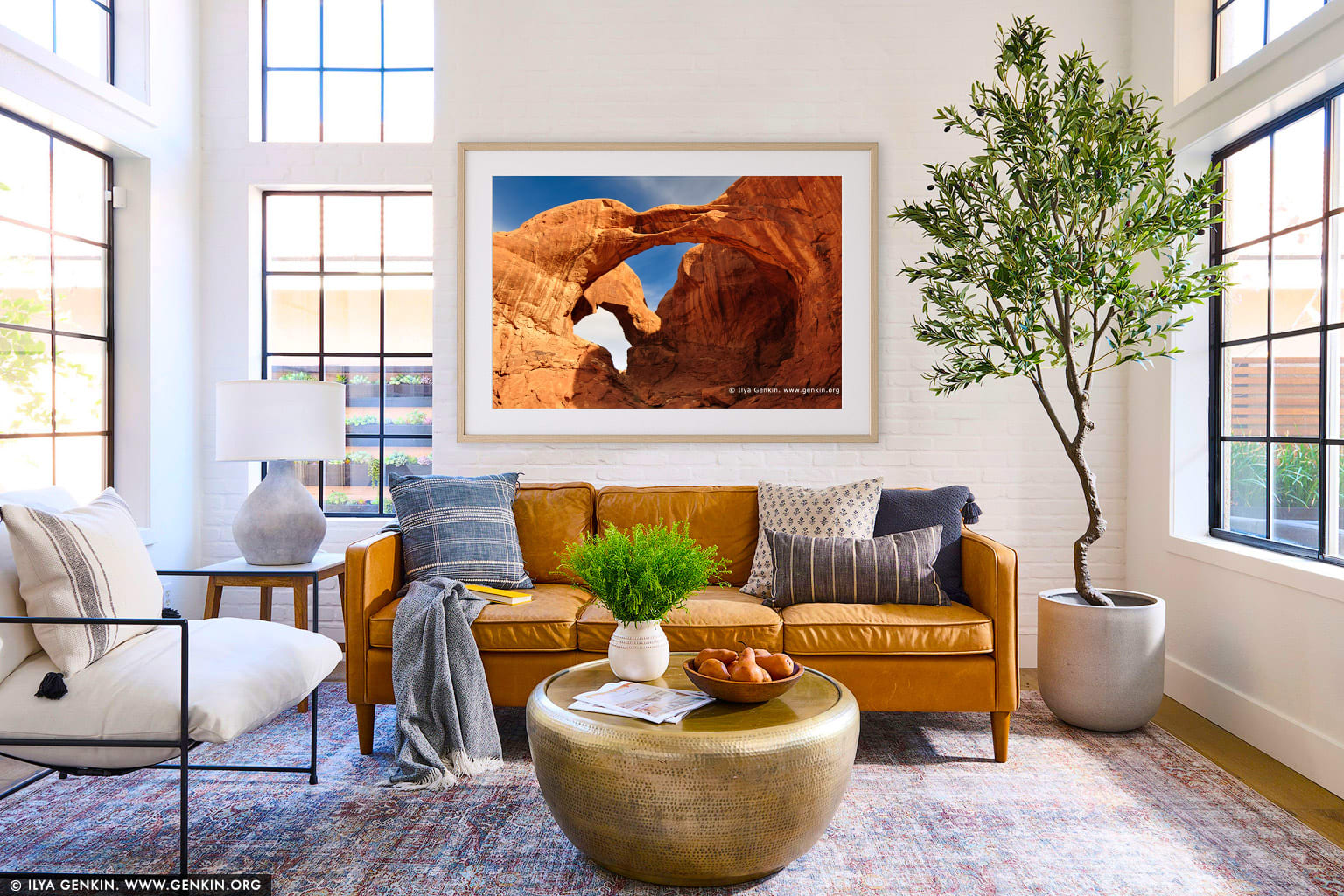Double Arch in the Morning wall art in a minimalist living room interior