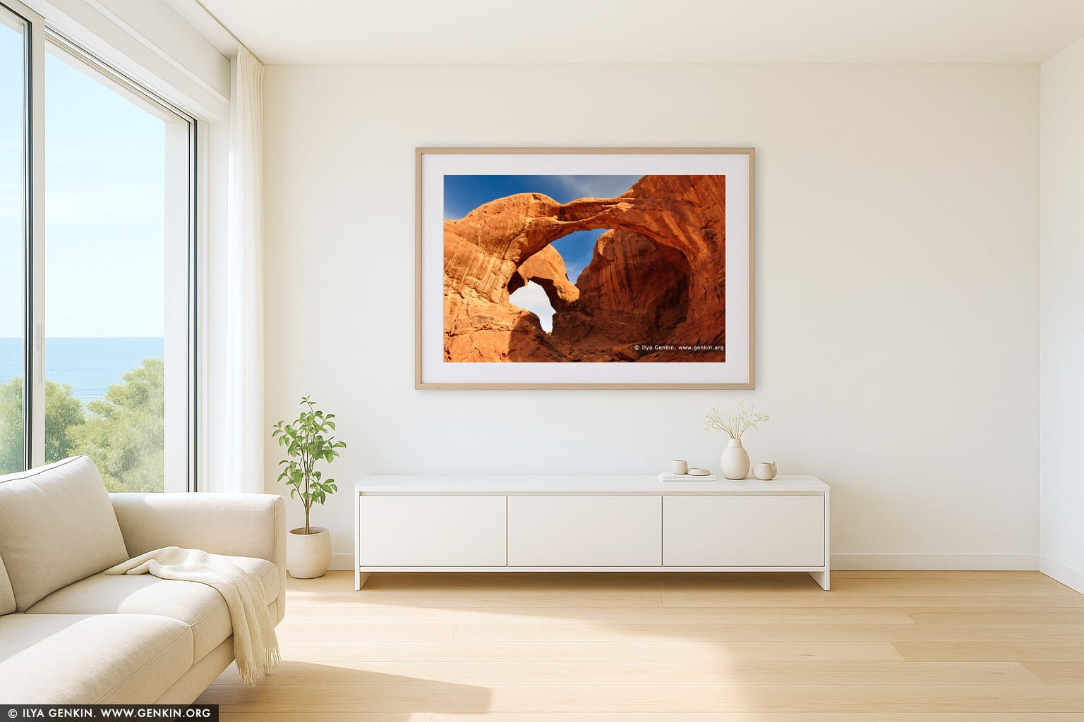 Double Arch in the Morning wall art in a minimalist living room interior