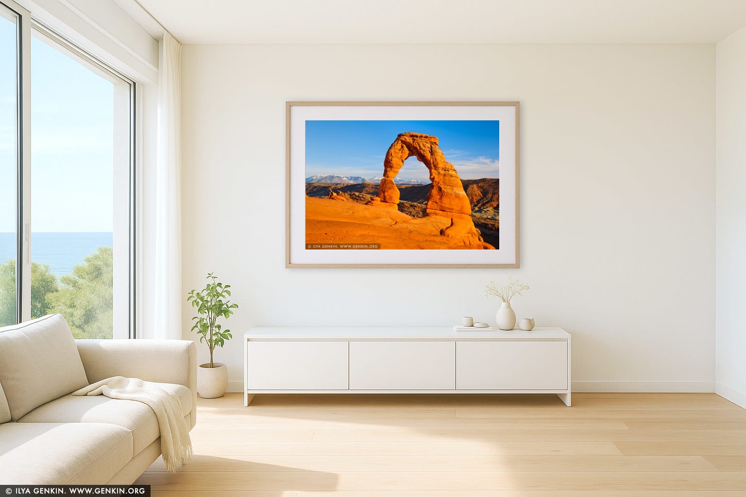 Delicate Arch at Sunset wall art in a modern living room interior