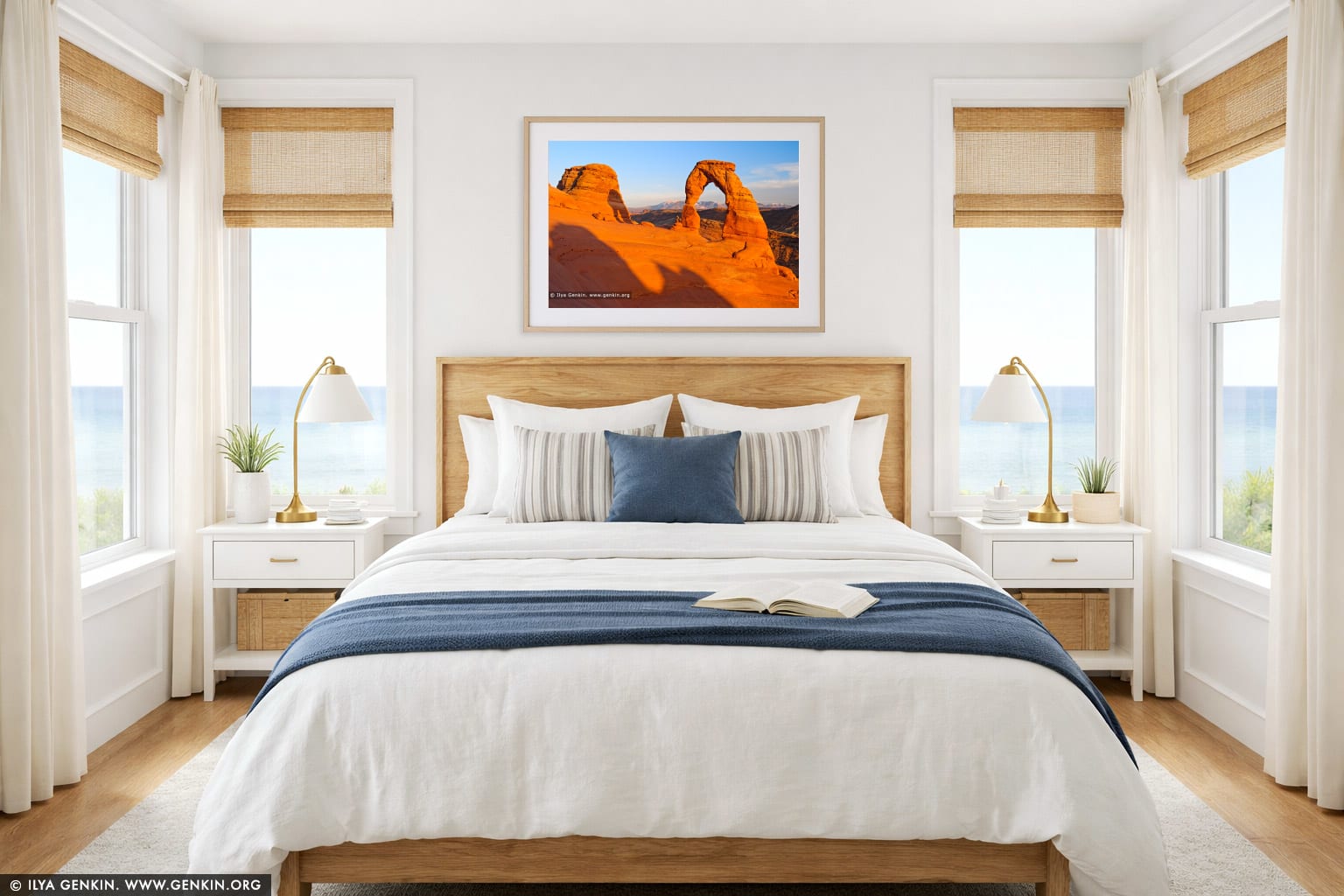 Delicate Arch at Sunset with background of La Sal Mountains wall art in a bedroom interior