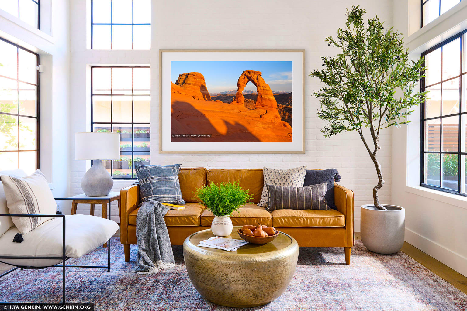 Delicate Arch at Sunset with background of La Sal Mountains wall art in a contemporary living room interior