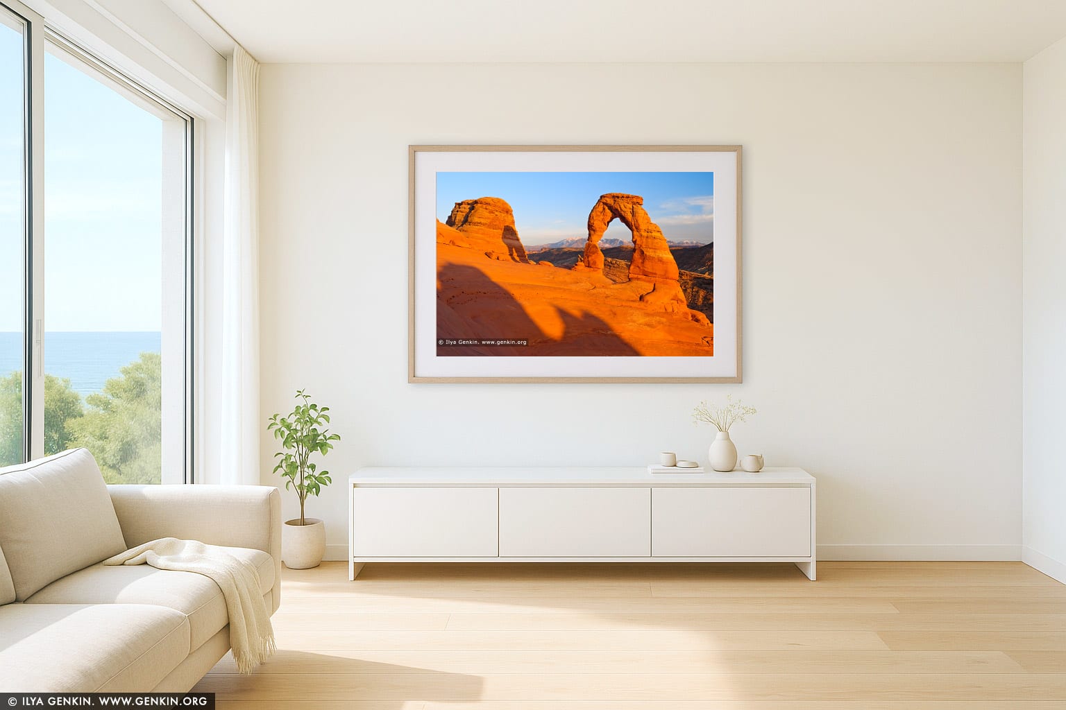 Delicate Arch at Sunset with background of La Sal Mountains wall art in a contemporary living room interior