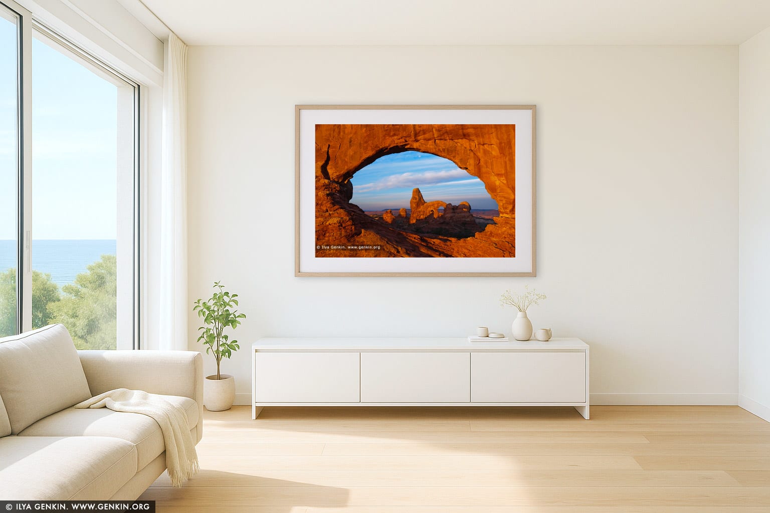 Sunrise at Windows and Turret Arch wall art in a luxury living room interior