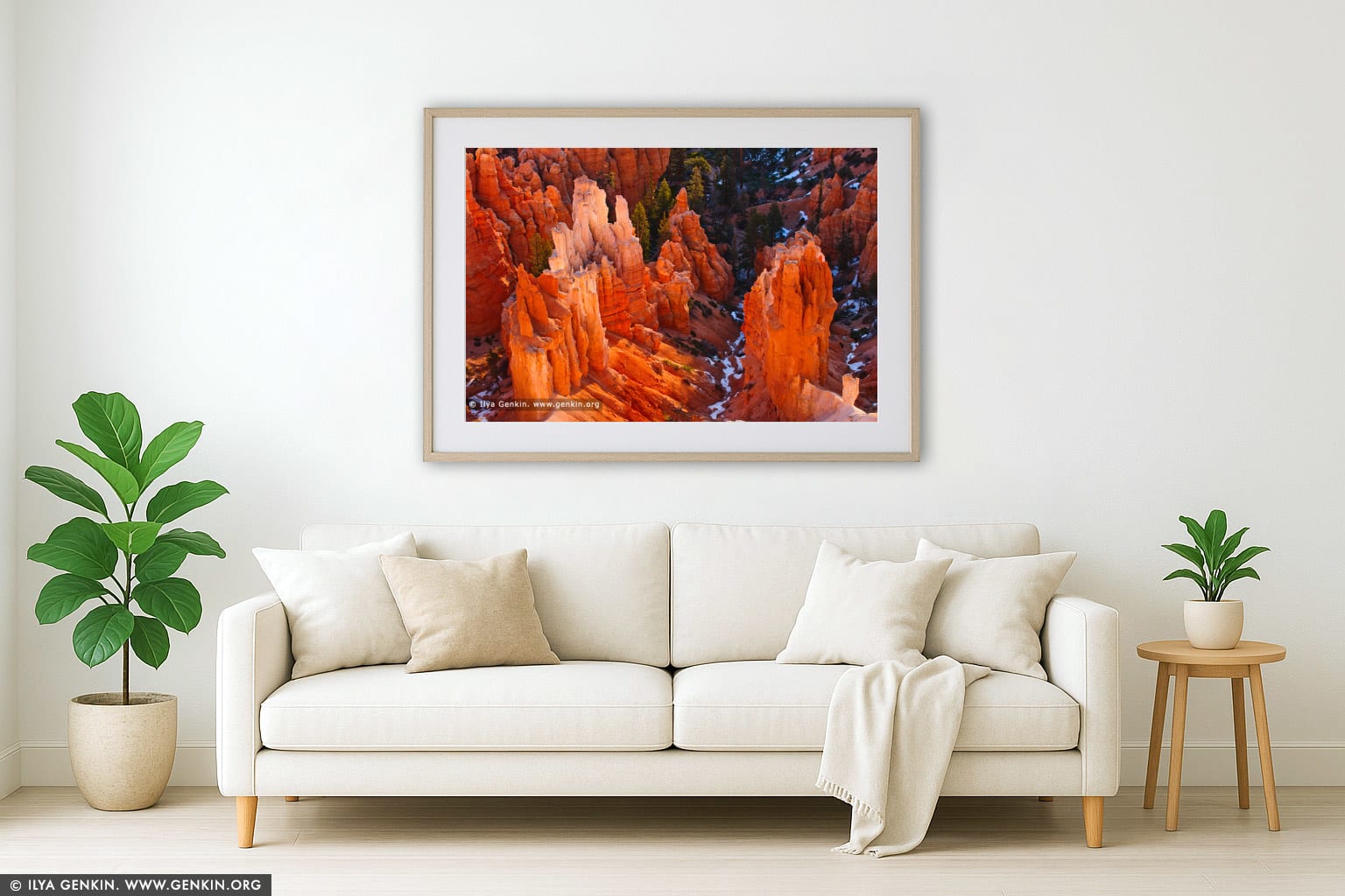 Bryce Canyon Hoodoos at Sunrise wall art in a minimalist living room interior