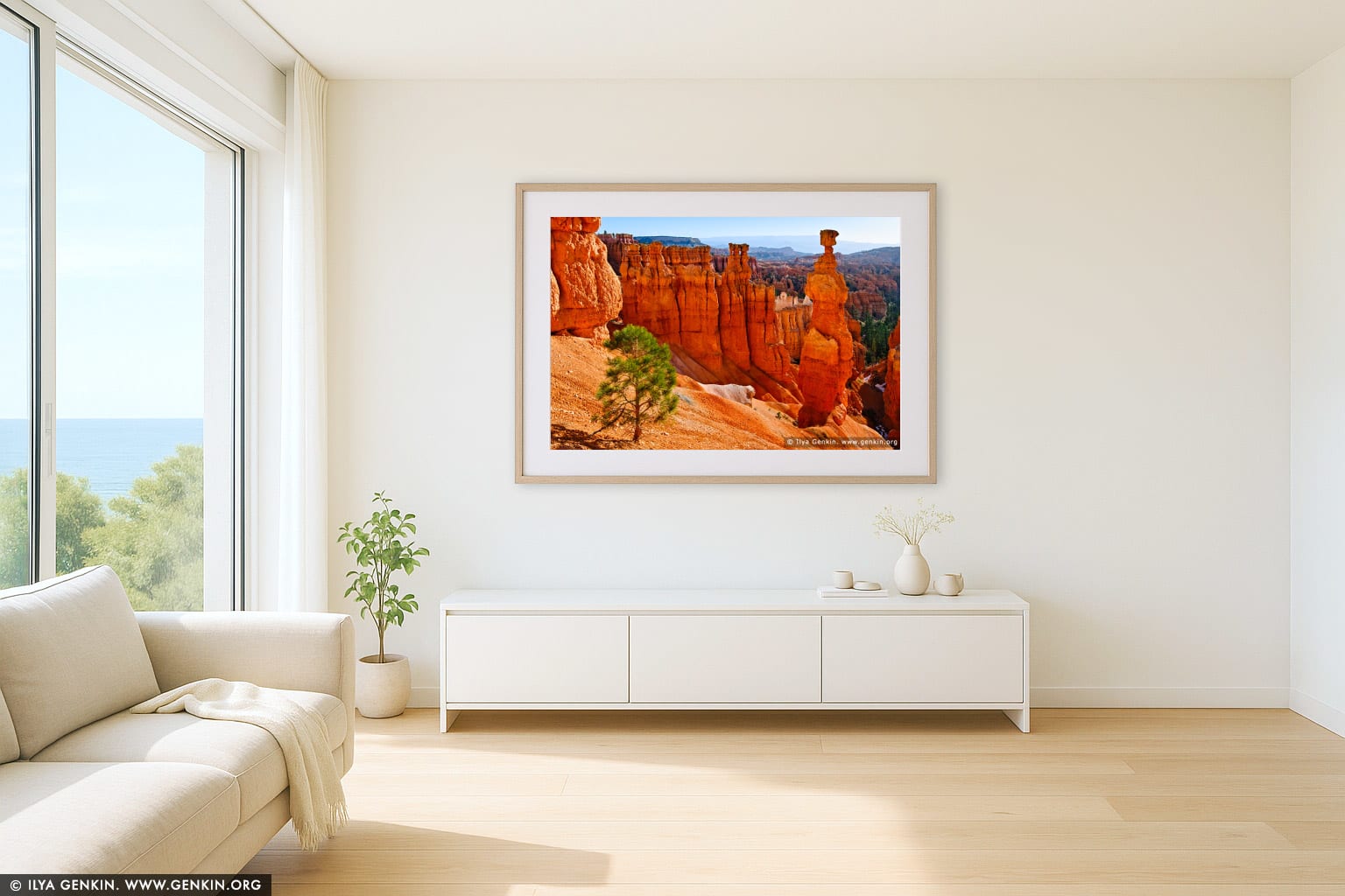 Sunrise at Thor's Hammer wall art in a modern living room interior