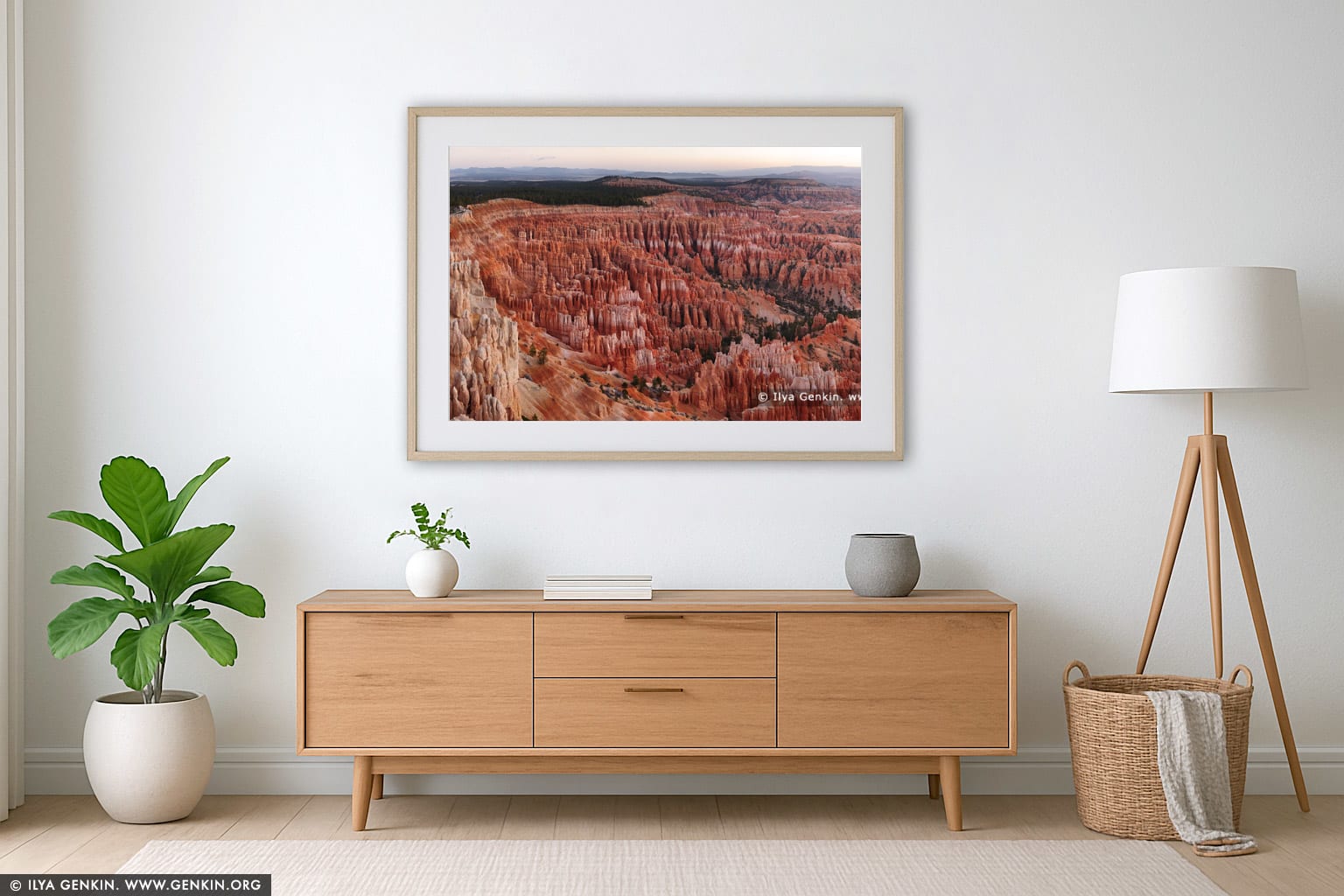 Panorama of Bryce Amphitheater at Sunrise wall art in a modern living room interior
