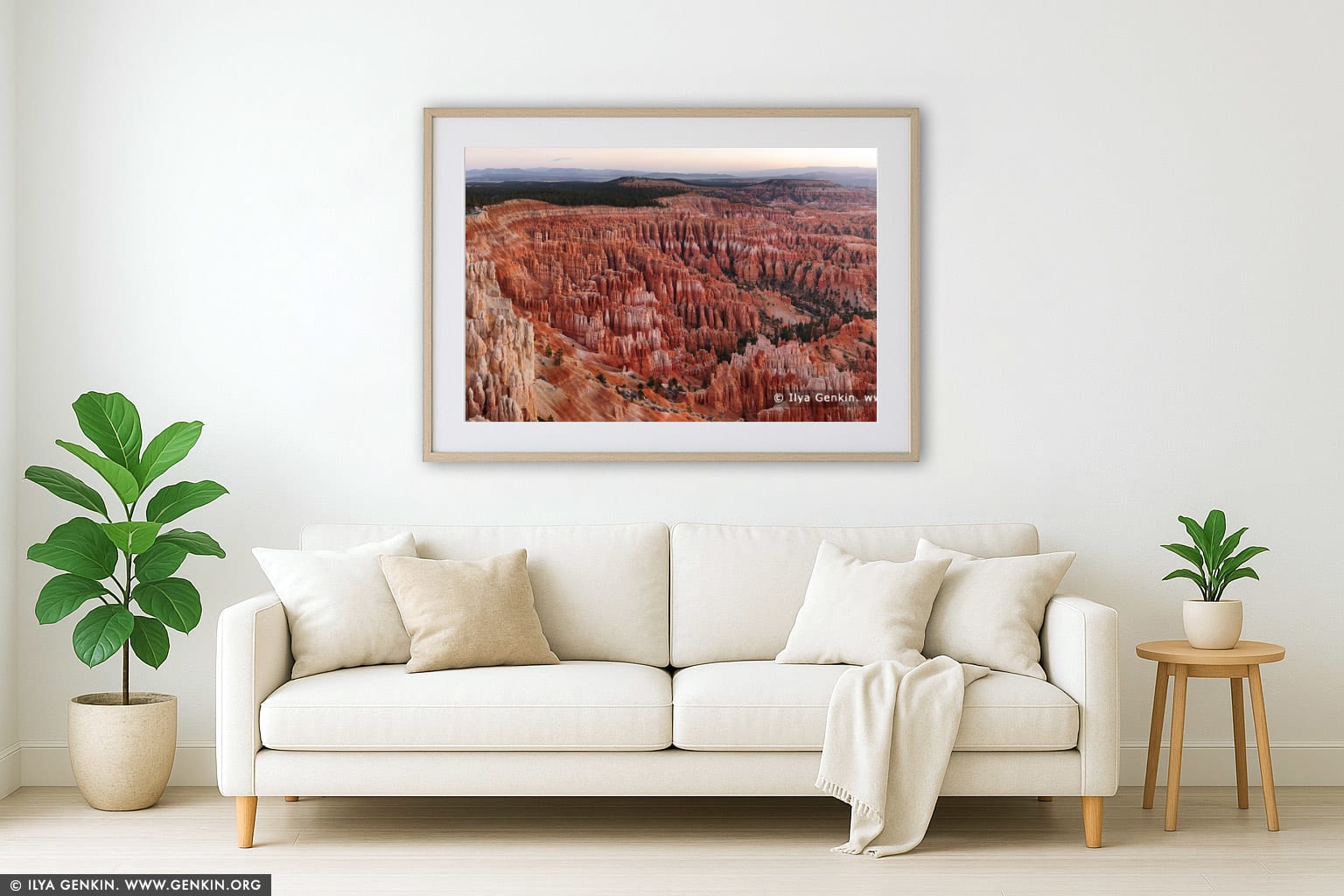 Panorama of Bryce Amphitheater at Sunrise wall art in a minimalist living room interior