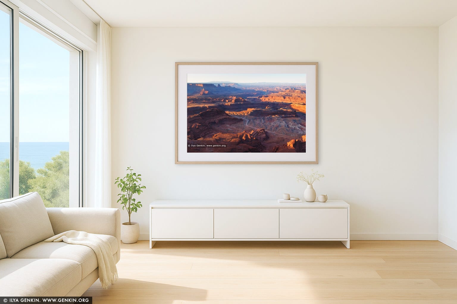 View of the Dead Horse Point State Park wall art in a luxury living room interior