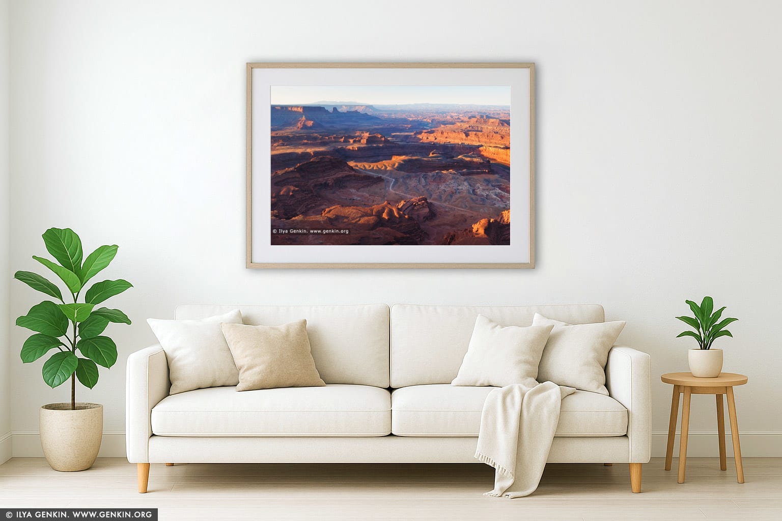 View of the Dead Horse Point State Park wall art in a minimalist living room interior
