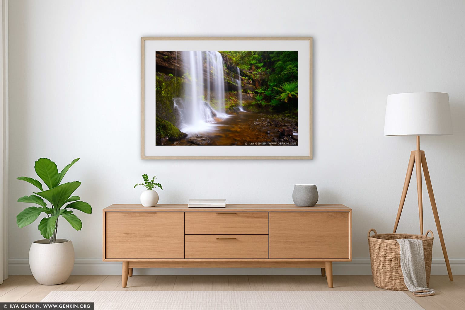 Russell Falls wall art in a minimalist living room interior