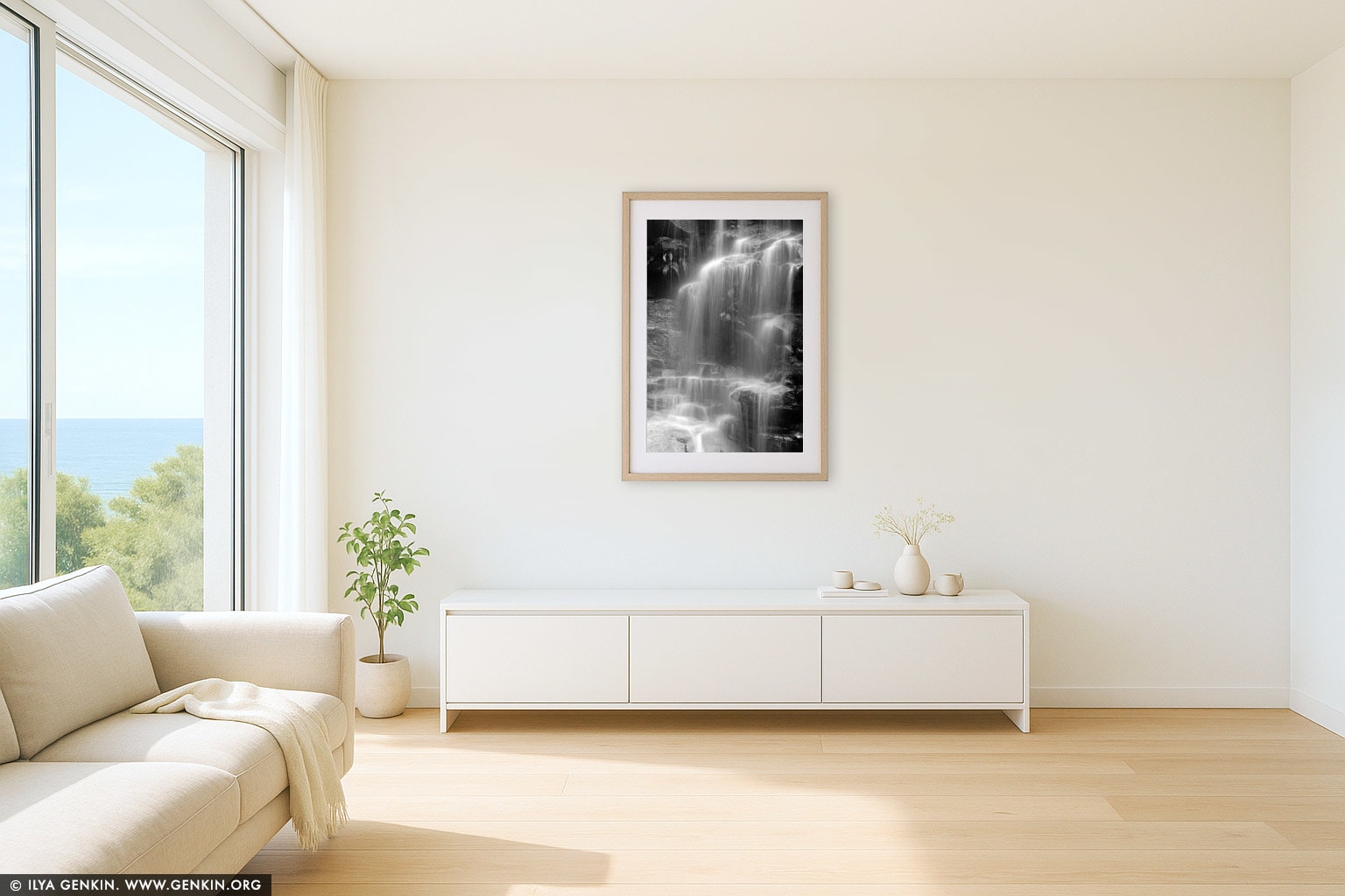 Sylvia Falls wall art in a modern living room interior