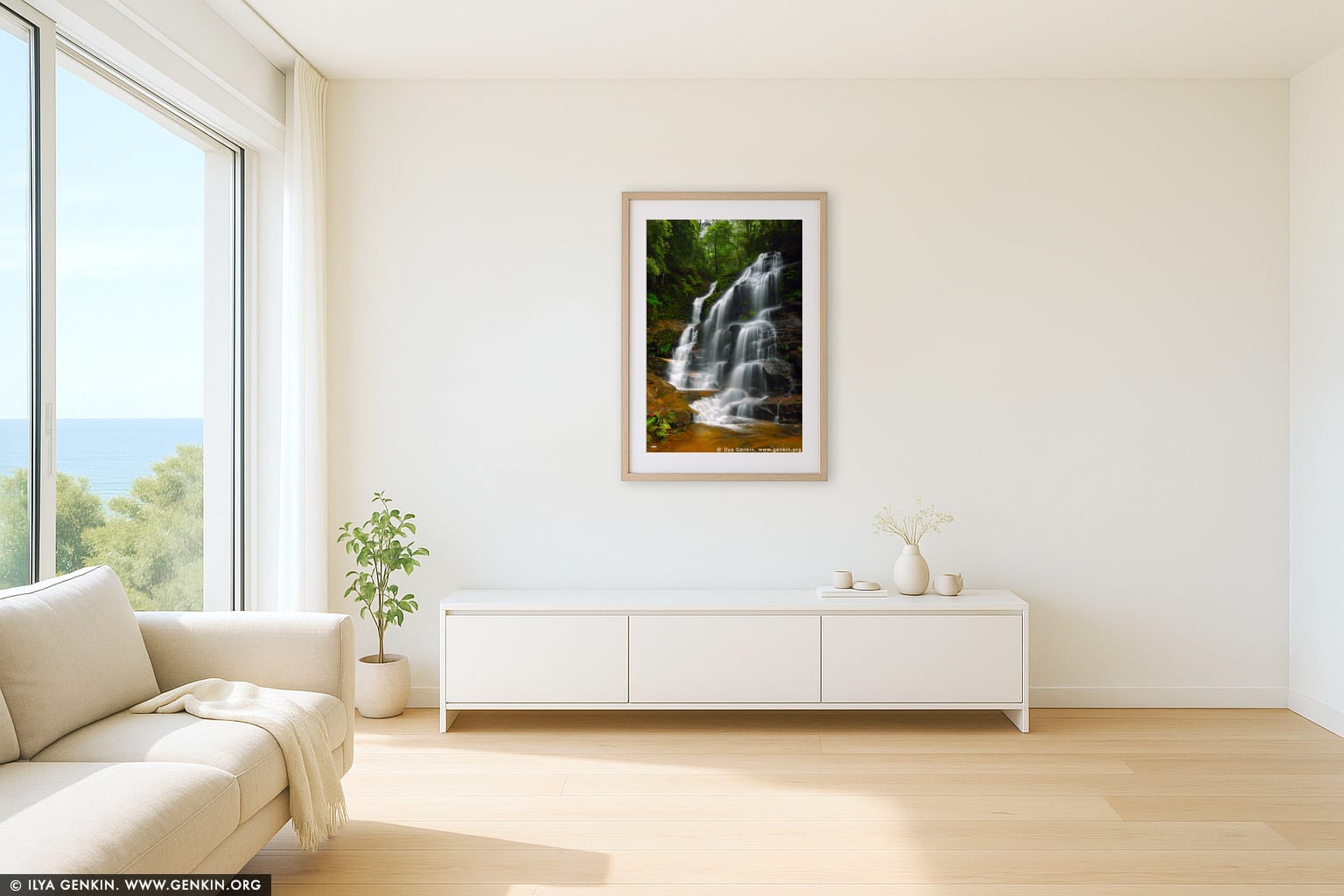 Sylvia Falls wall art in a minimalist living room interior